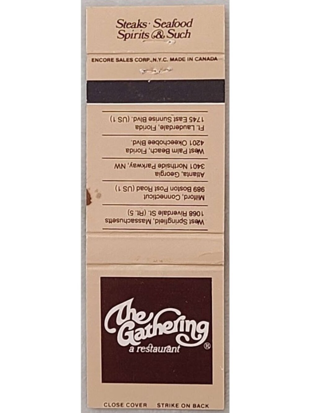 Vintage Matchbook Cover The Gathering Restaurant Steaks Seafood MA CT GA FL